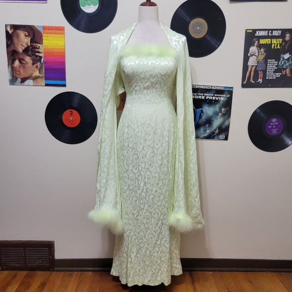 Alyce Designs | 90s Vintage Light Green Filigree Fur Trim Prom Dress + Shawl - Picture 1 of 9